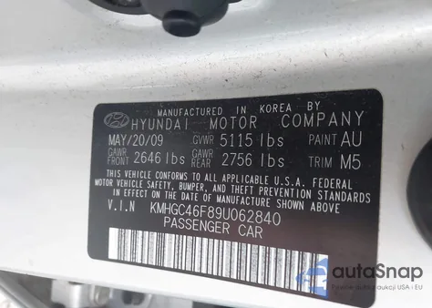 2009 Hyundai Genesis 4.6 z USA, uszkodzony, nr VIN KMHGC46F89U062840